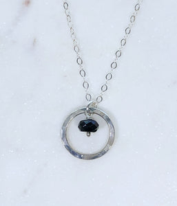 Sterling silver forged circle necklace with onyx gemstone