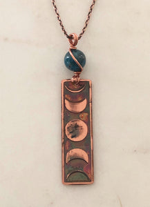 Acid etched copper moon phase necklace with apatite