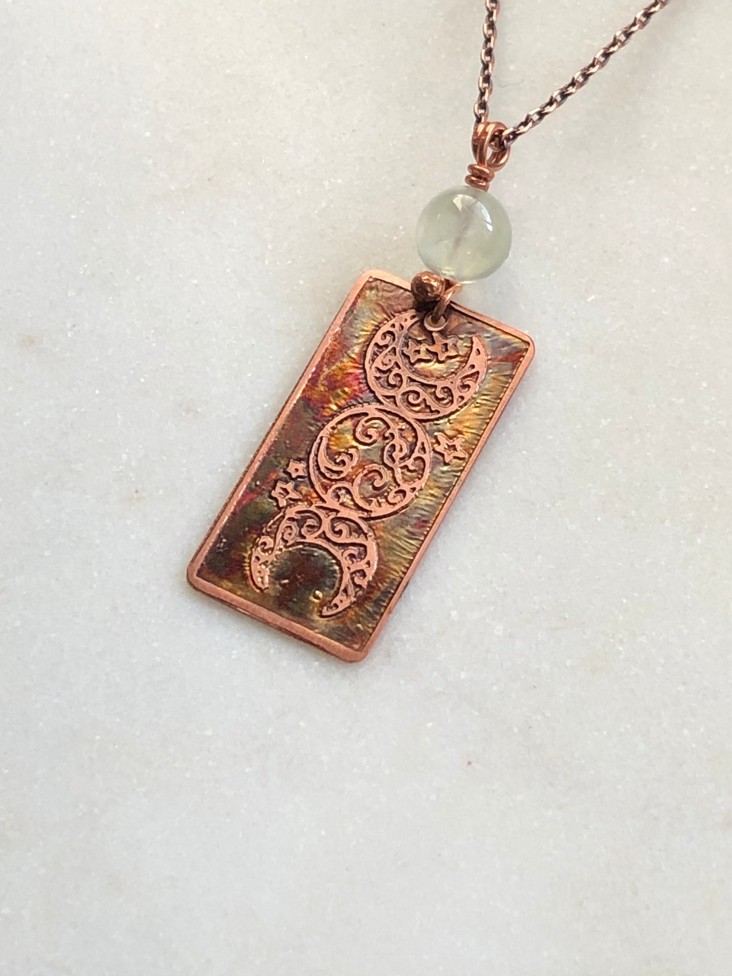 Acid etched copper moon necklace with prehnite