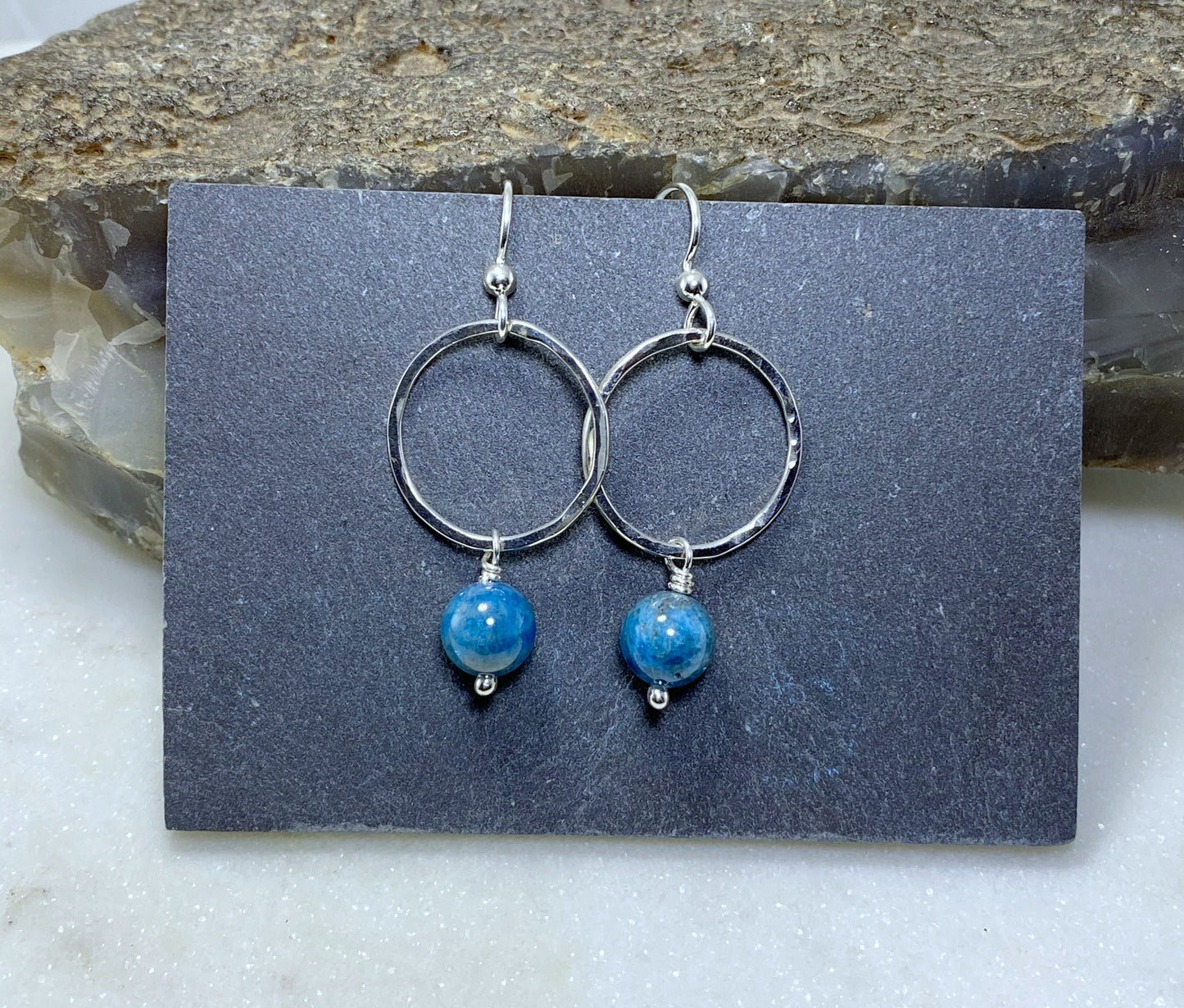 Sterling silver forged hoop earrings with apatite