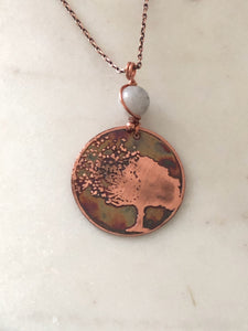 Acid etched copper blowing tree necklace with moonstone