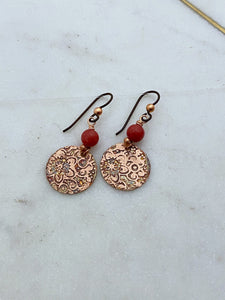 Acid etched copper mandala earrings with coral