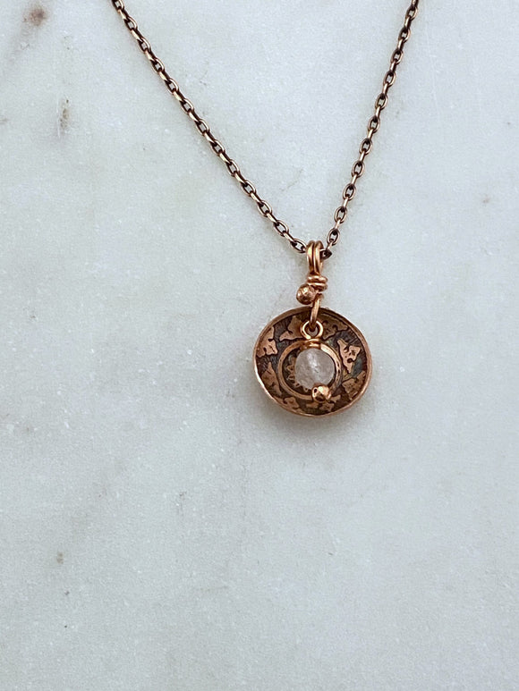 Acid etched copper mandala cupped dish necklace with moonstone