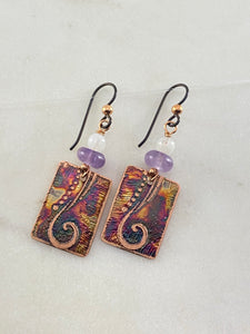 Acid etched copper earrings with amethyst and moonstone gemstones