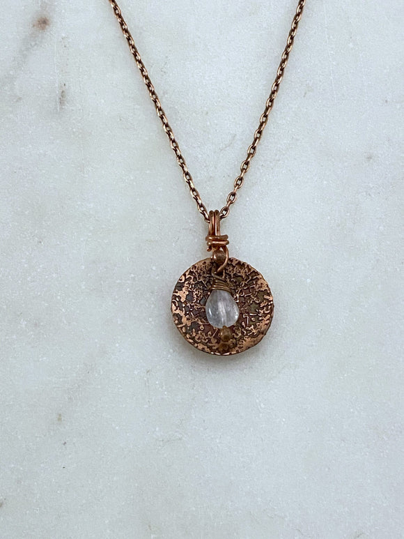 Acid etched copper cupped mandala dish necklace with moonstone