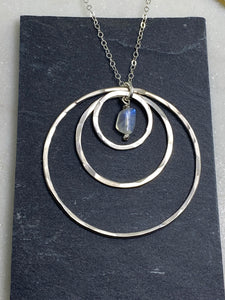 Sterling silver forged triple hoop necklace with rainbow moonstone