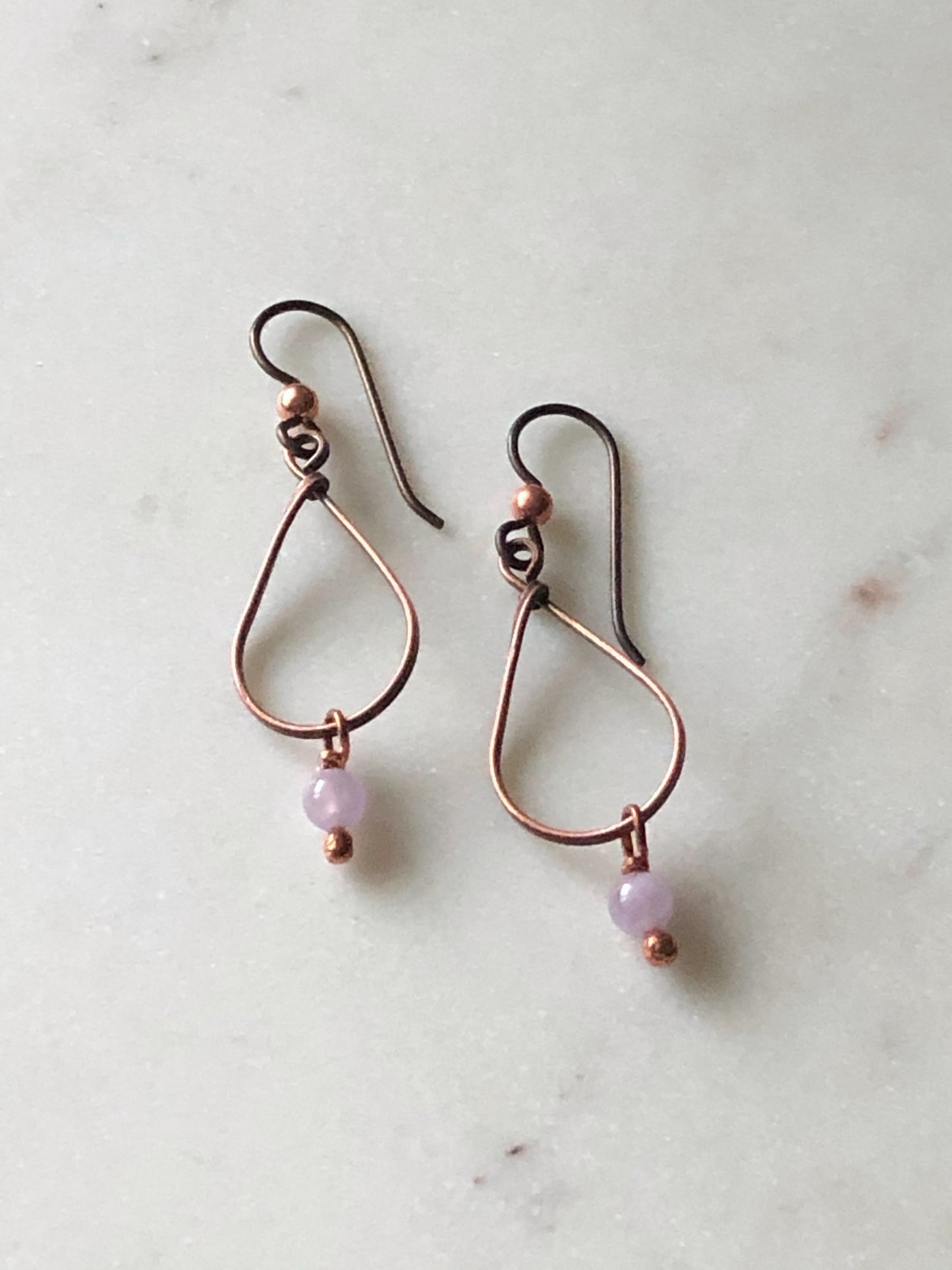 Copper and amethyst small teardrop earrings