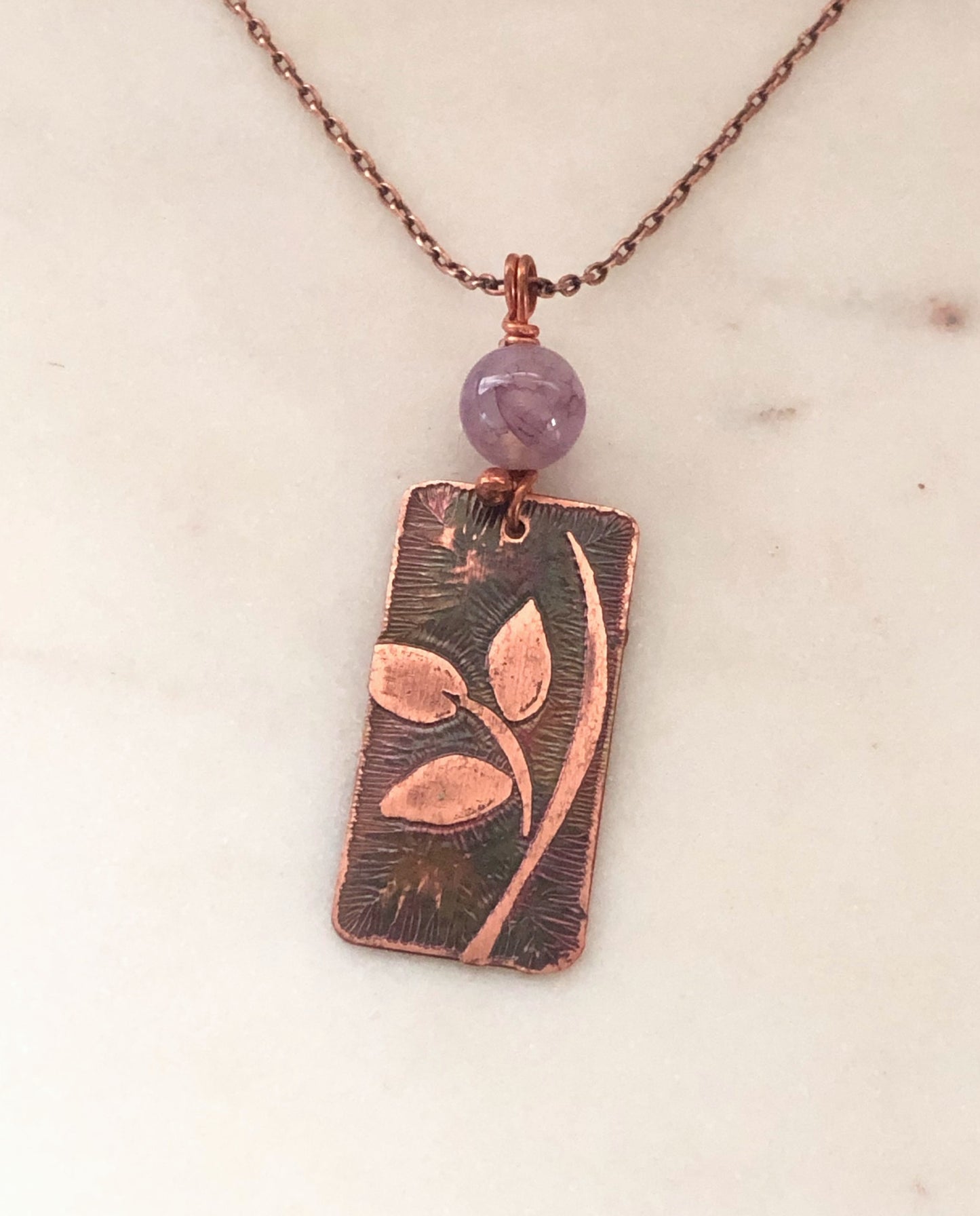 Acid etched copper leaf necklace with agate