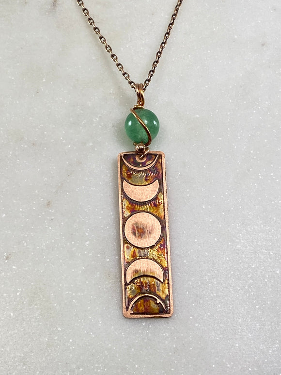Acid etched copper moon phase necklace with aventurine