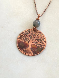 Acid etched copper tree necklace with moss agate