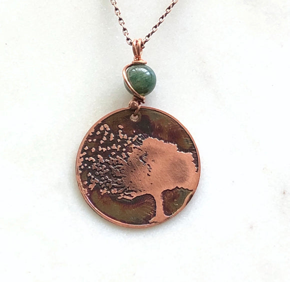 Acid etched copper blowing tree necklace with moss agate