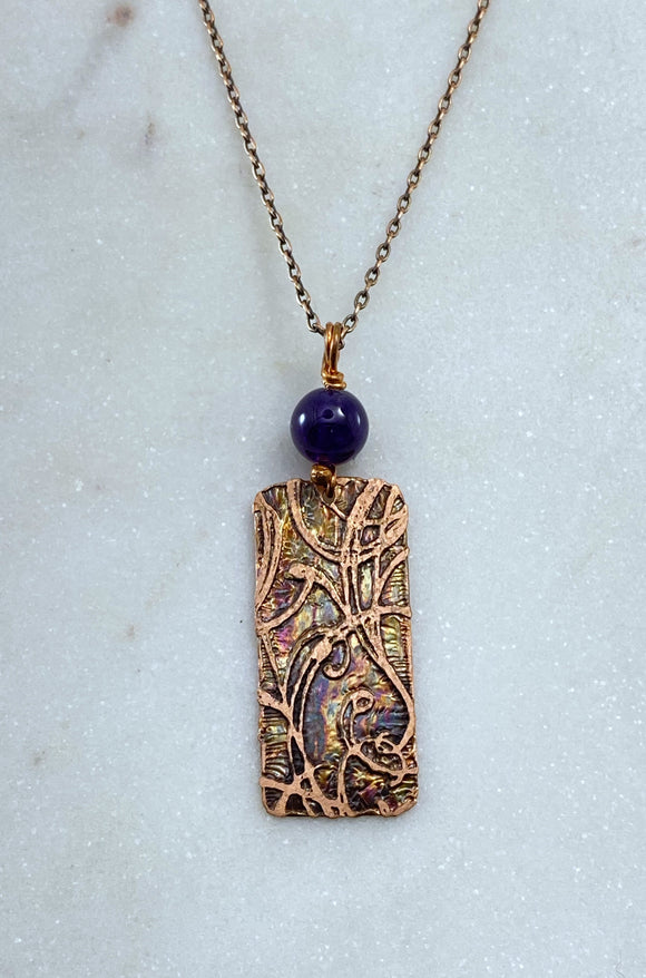 Acid etched copper swirl necklace with amethyst