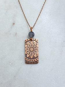 Acid etched copper mandala necklace with quartz