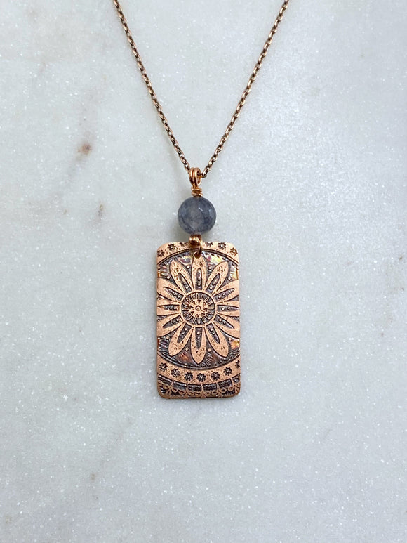 Acid etched copper mandala necklace with quartz