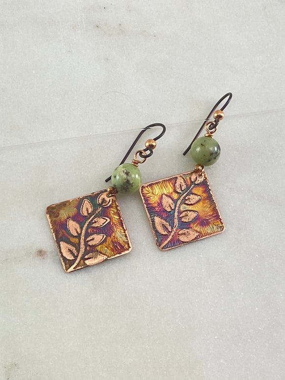 Acid etched copper earrings with green garnet gemstone