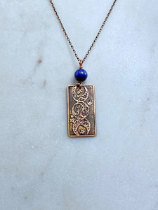 Acid etched copper moon phase necklace with lapis