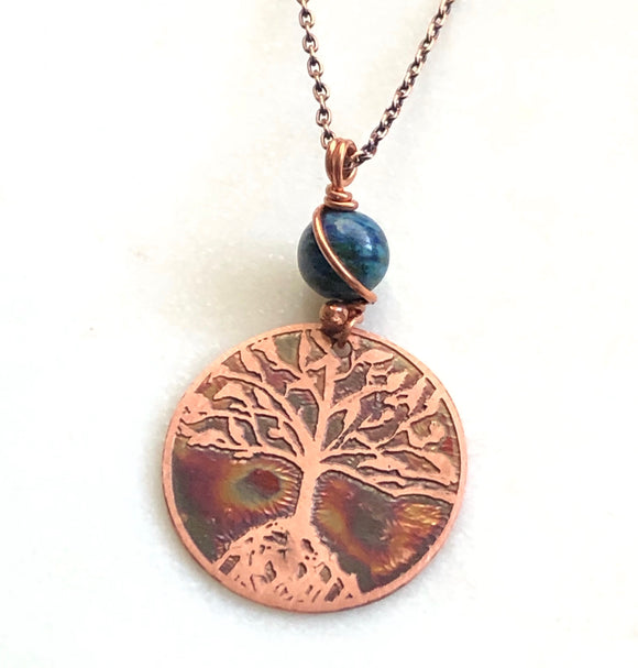Acid etched copper tree necklace with Azurite chrysocalla