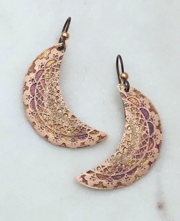 Acid etched copper moon earrings