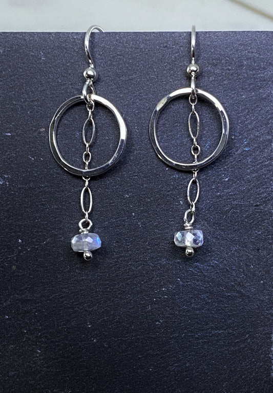 Sterling silver hoop and chain earrings with moonstone