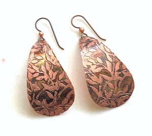 Acid etched copper large teardrop earrings