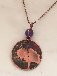 Acid etched copper blowing tree necklace with amethyst