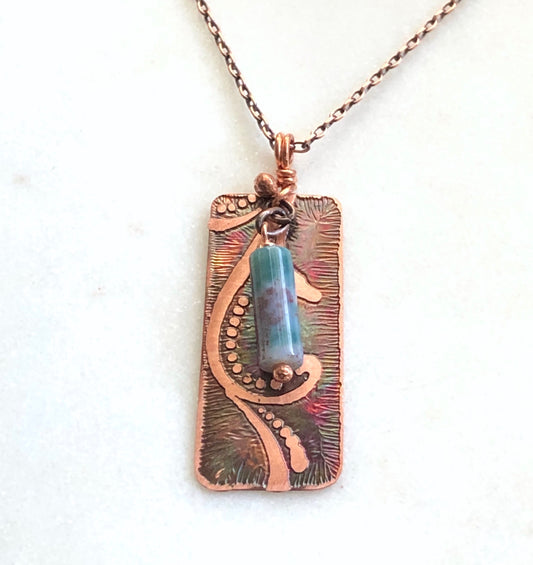 Acid etched copper swirl necklace with moss agate