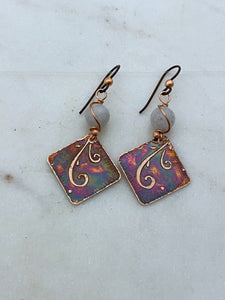 Acid etched copper swirl earrings with moonstone