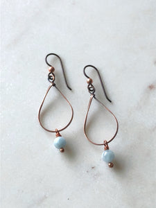 Copper medium teardrop earrings with aquamarine gemstones