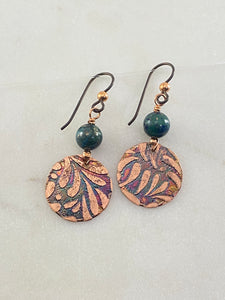 Acid  etched copper earrings with chrysocalla