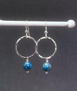 Sterling silver forged hoop earrings with apatite