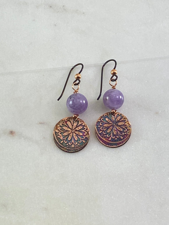 Acid etched copper earrings with amethyst gemstone