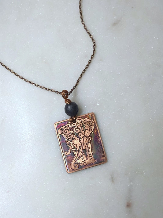 Acid etched copper elephant necklace with agate gemstone