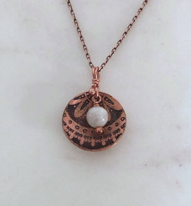 Acid etched copper mandala dish necklace with moonstone