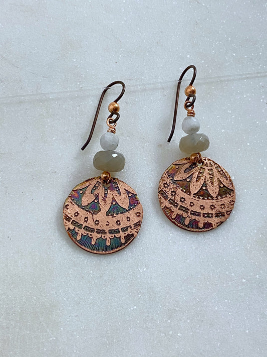 Acid etched copper mandala earrings with moonstone and labradorite