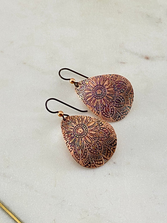 Acid etched copper medium mandala teardrop earrings