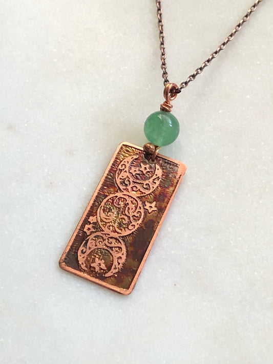 Acid etched copper moon necklace with aventurine