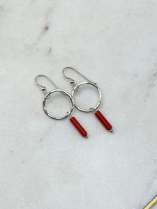 Sterling silver forged hoop earrings with coral