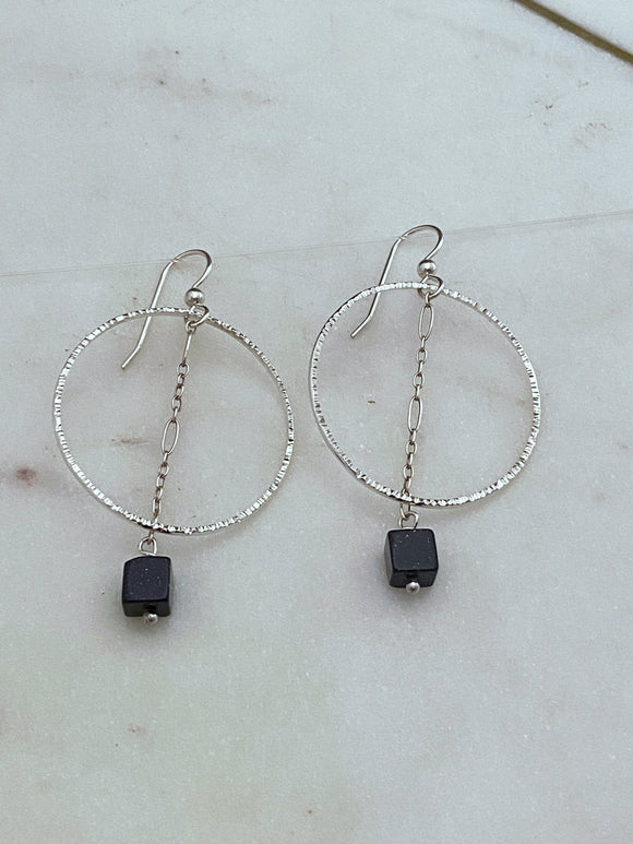 Sterling Silver forged hoop earring with blue goldstone