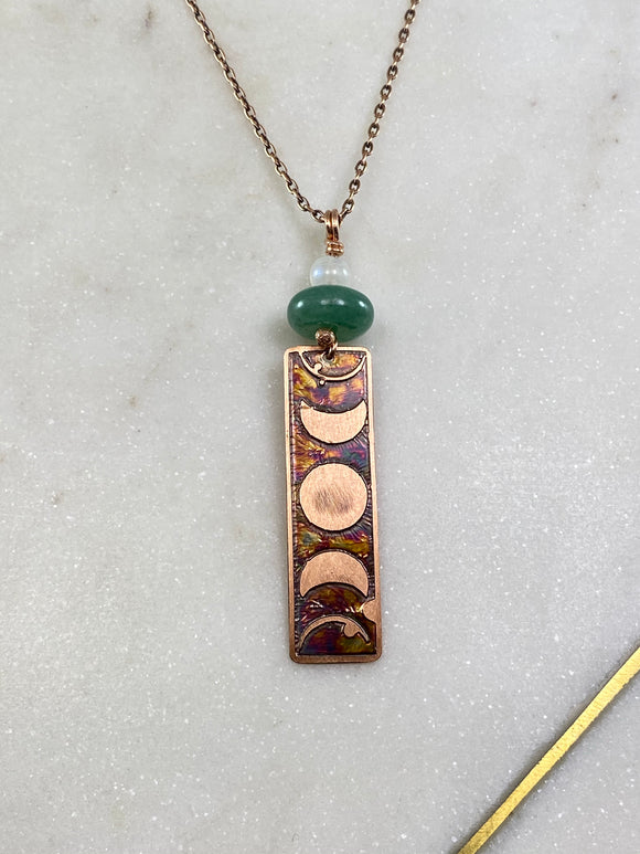Acid etched copper moon phase necklace with moonstone and aventurine