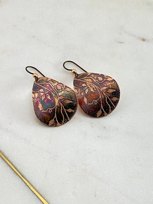 Acid etched copper leaf medium teardrop earrings