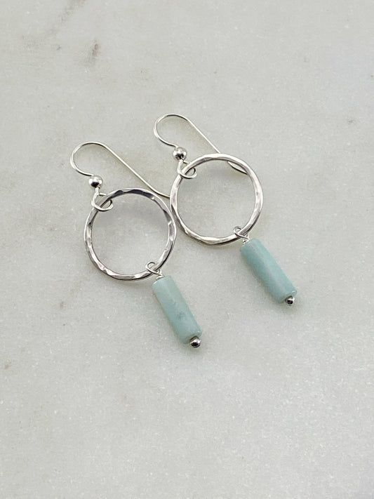 Sterling silver forged hoop earrings with amazonite tube gemstones