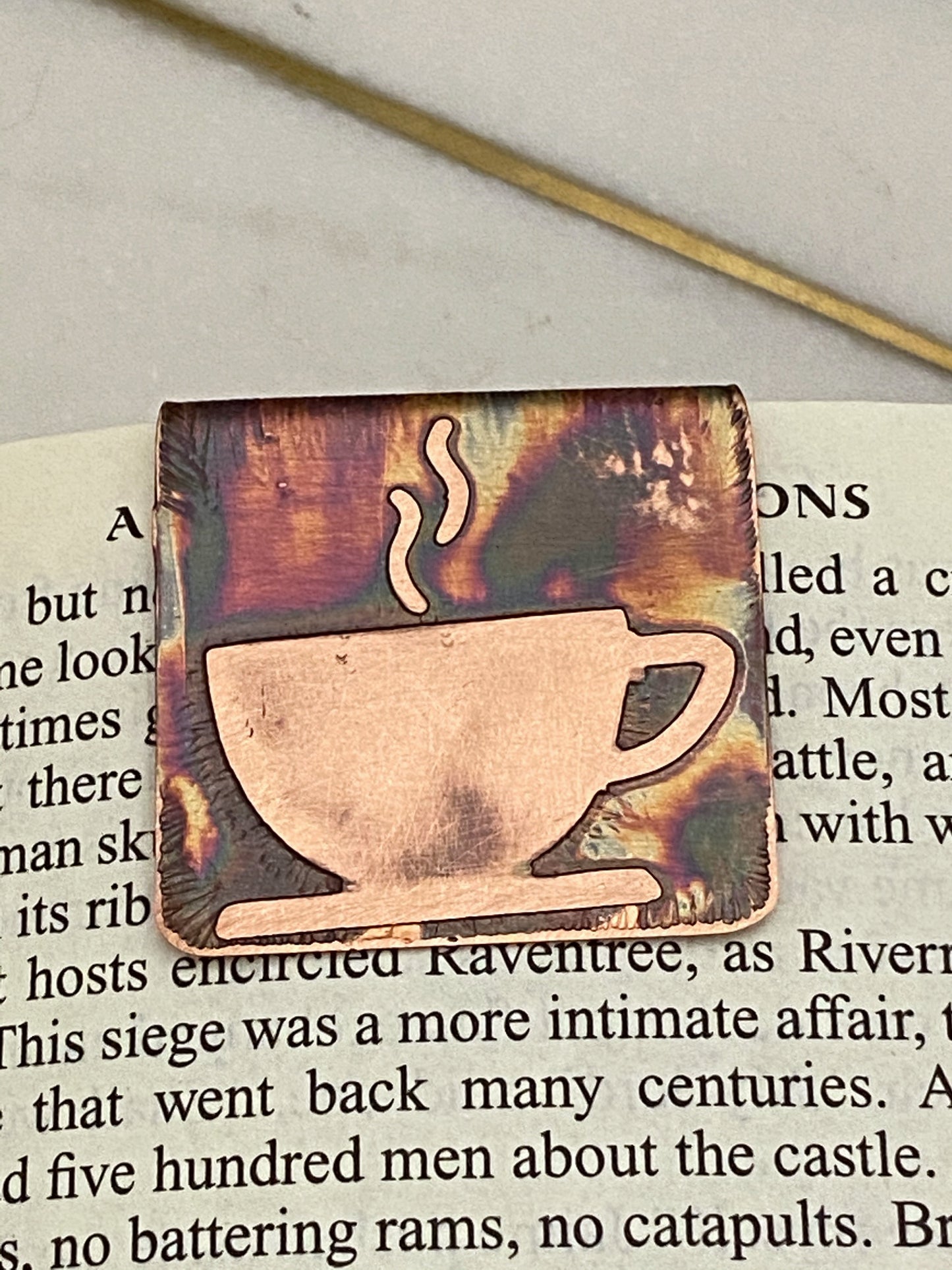 Acid etched copper cup bookmark