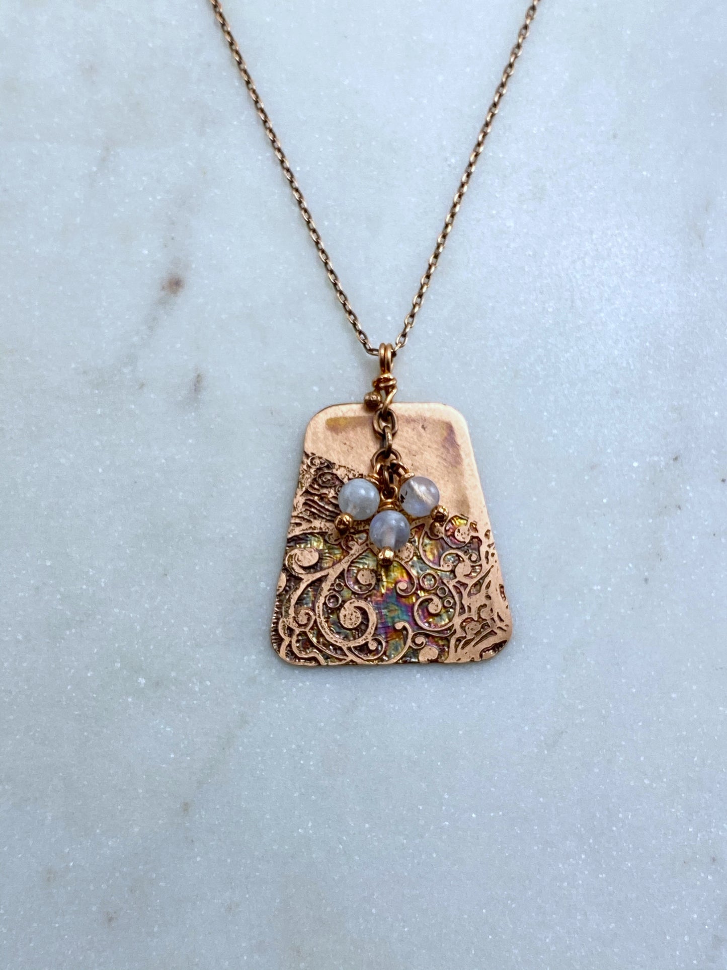 Acid etched copper mandala necklace with moonstone