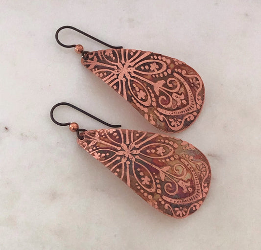 Acid etched large copper teardrop earrings