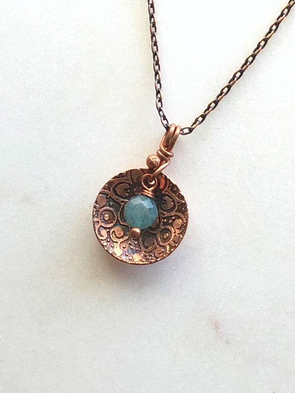 Acid etched copper dish necklace with apatite