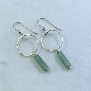 Sterling silver forged hoop earrings with aventurine gemstones