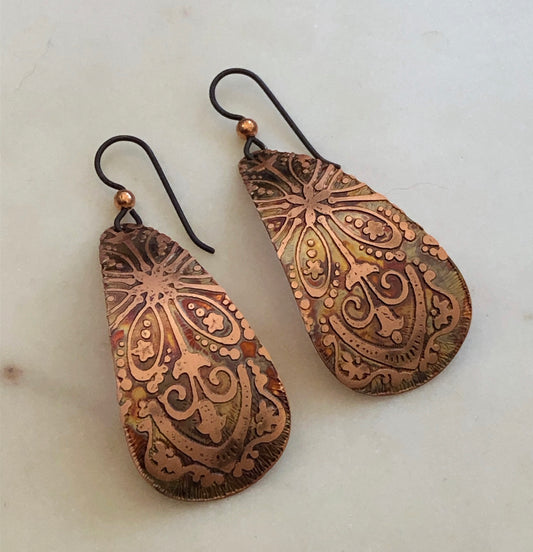 Acid etched Large copper teardrop earrings