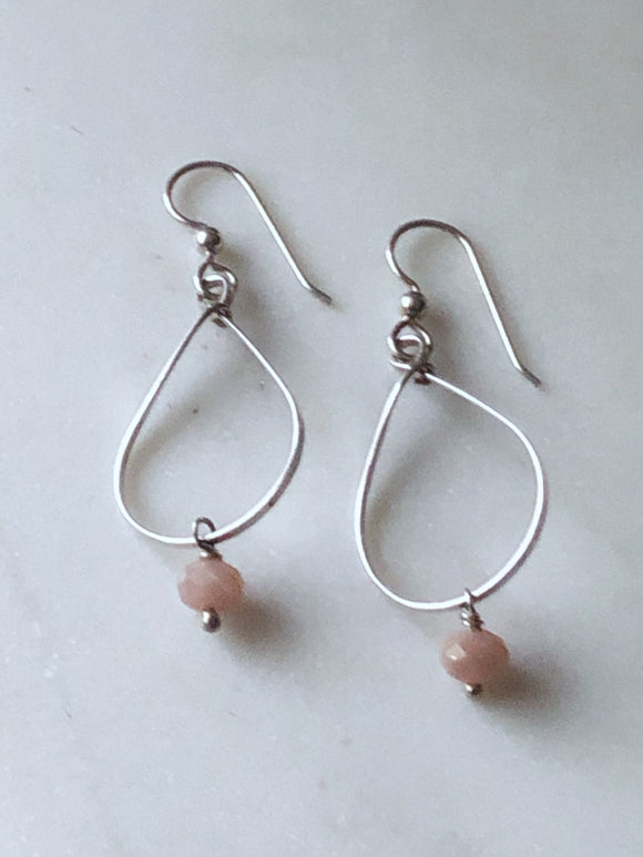 Sterling silver medium teardrop earrings with pink moonstone gemstones