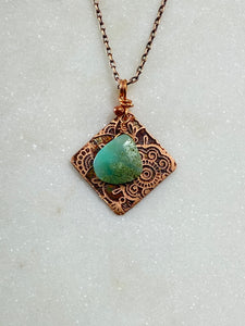 Acid etched copper mandala necklace with chrysoprase