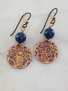 Acid etched copper earrings with chrysocalla gemstones